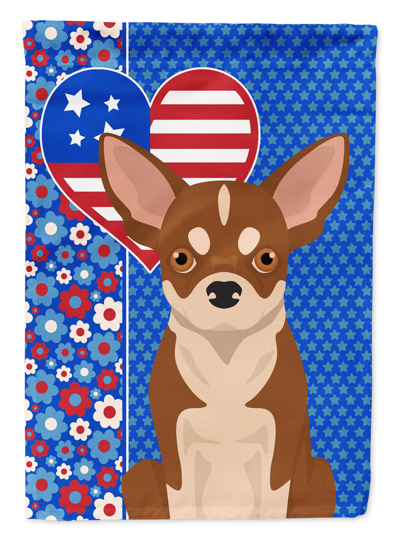 Red and White Chihuahua Patriotic Heart Garden Flag – Red, White & Blue Dog Decor with Star Background