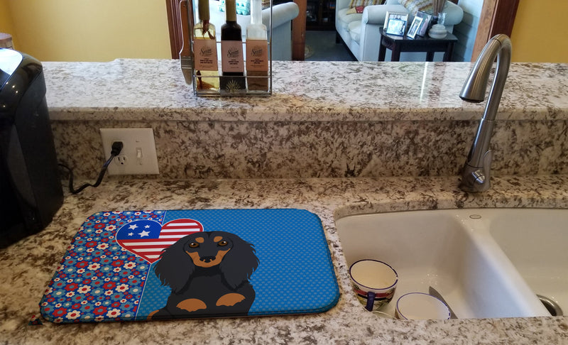 Longhair Black and Tan Dachshund USA American Dish Drying Mat – Absorbent, Artistic Kitchen Essentials