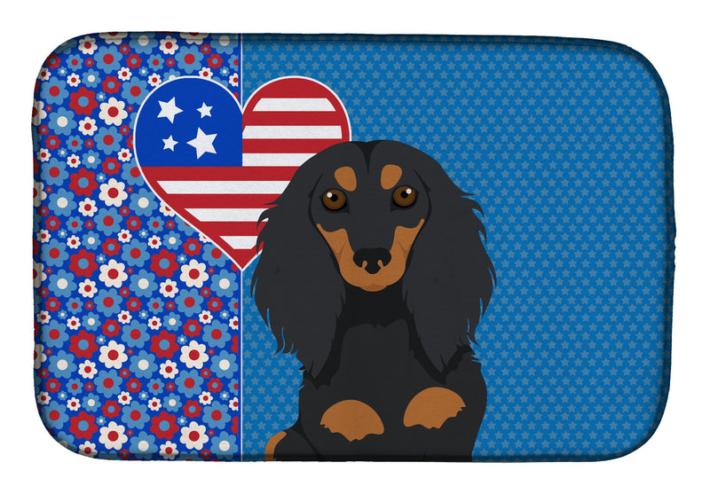 Longhair Black and Tan Dachshund USA American Dish Drying Mat – Absorbent, Artistic Kitchen Essentials