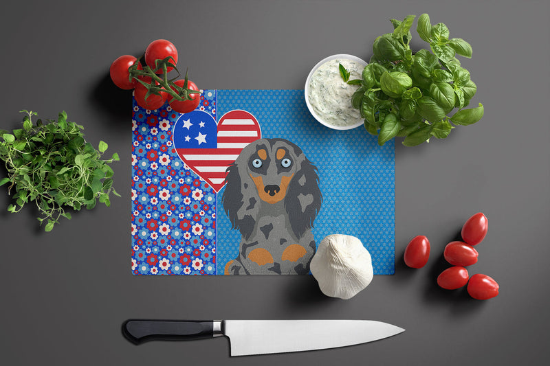 Longhair Blue and Tan Dapple Dachshund USA American Glass Cutting Boards – Durable, Decorative Kitchen Art Large