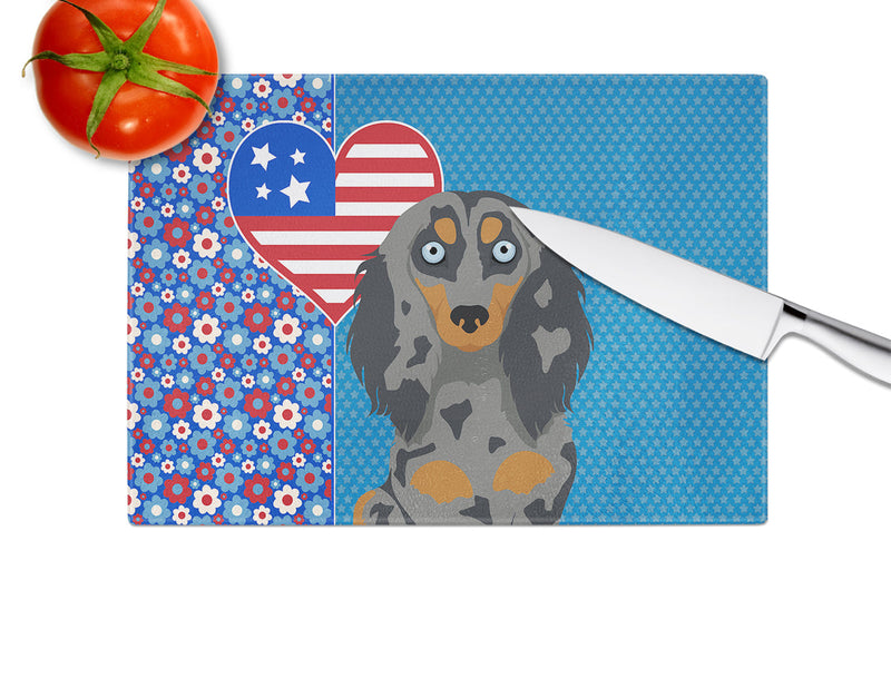 Longhair Blue and Tan Dapple Dachshund USA American Glass Cutting Boards – Durable, Decorative Kitchen Art Large