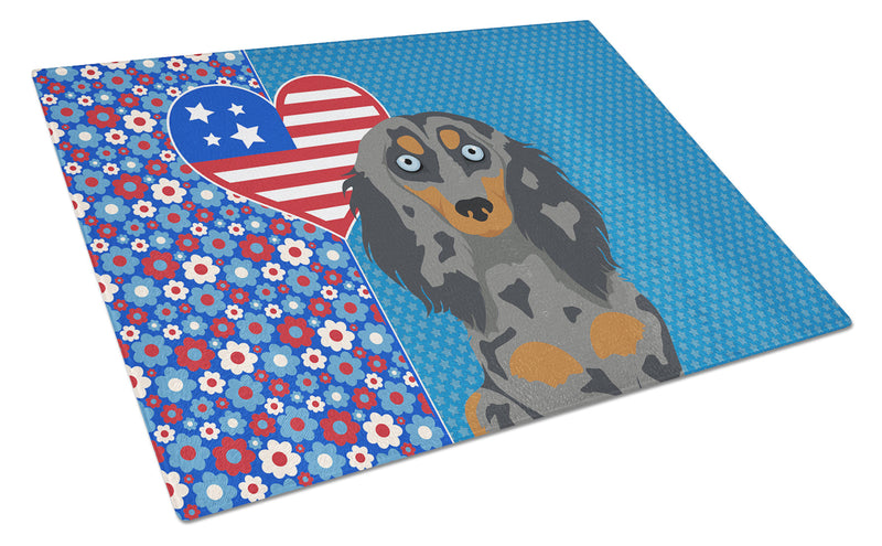 Longhair Blue and Tan Dapple Dachshund USA American Glass Cutting Boards – Durable, Decorative Kitchen Art Large
