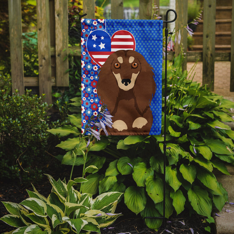 Longhair Chocolate and Cream Dachshund Patriotic Heart Garden Flag – Red, White & Blue Dog Decor with Star Background