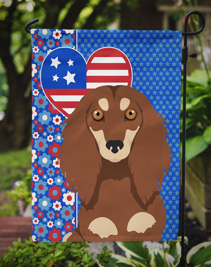 Longhair Chocolate and Cream Dachshund Patriotic Heart Garden Flag – Red, White & Blue Dog Decor with Star Background