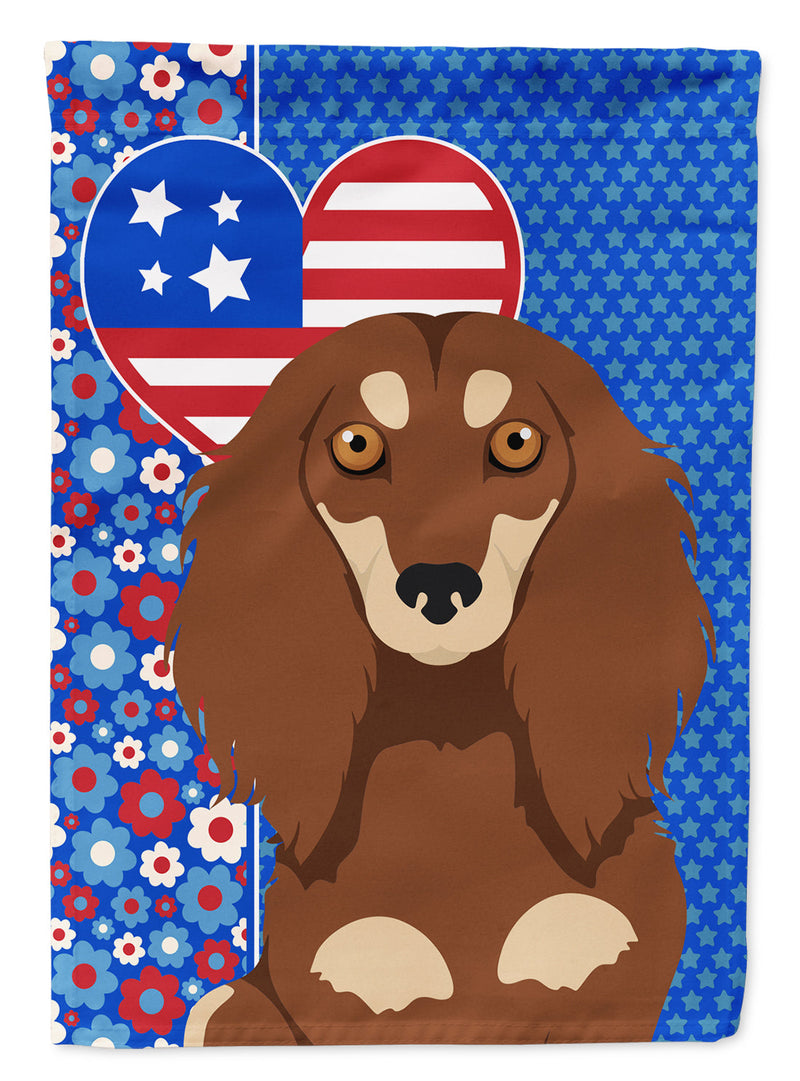 Longhair Chocolate and Cream Dachshund Patriotic Heart Garden Flag – Red, White & Blue Dog Decor with Star Background