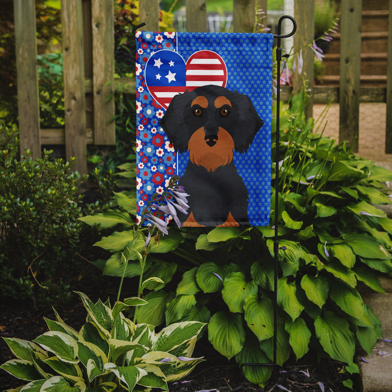 Wirehair Black and Tan Dachshund Patriotic Heart Garden Flag – Red, White & Blue Dog Decor with Star Background