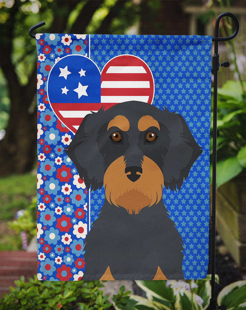 Wirehair Black and Tan Dachshund Patriotic Heart Garden Flag – Red, White & Blue Dog Decor with Star Background