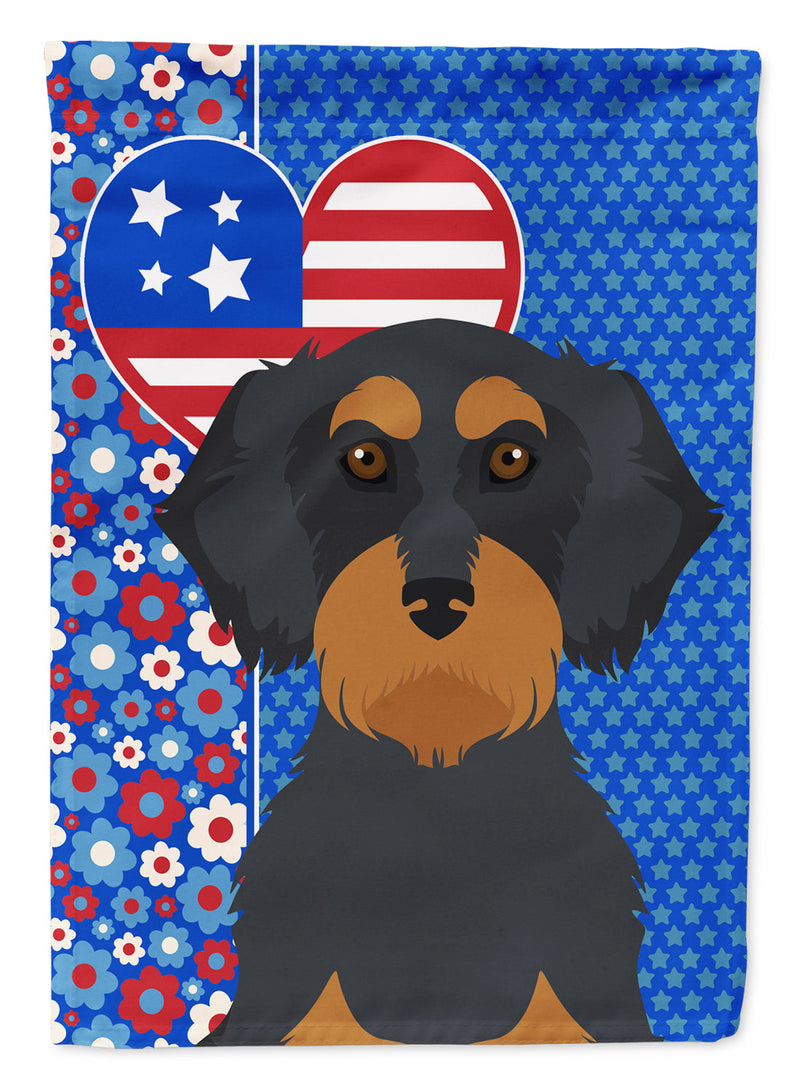 Wirehair Black and Tan Dachshund Patriotic Heart Garden Flag – Red, White & Blue Dog Decor with Star Background
