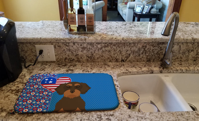 Wirehair Chocolate and Tan Dachshund USA American Dish Drying Mat – Absorbent, Artistic Kitchen Essentials