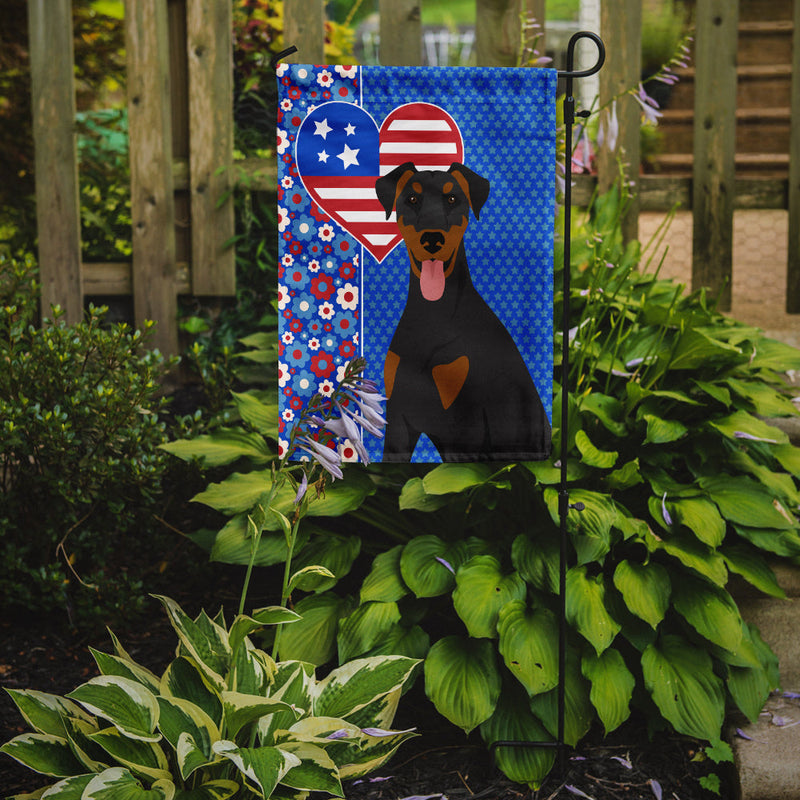 Natural Ear Black and Tan Doberman Pinscher Patriotic Heart Garden Flag – Red, White & Blue Dog Decor with Star Background