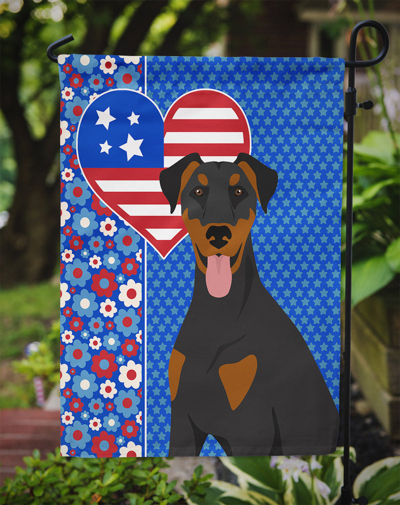 Natural Ear Black and Tan Doberman Pinscher Patriotic Heart Garden Flag – Red, White & Blue Dog Decor with Star Background