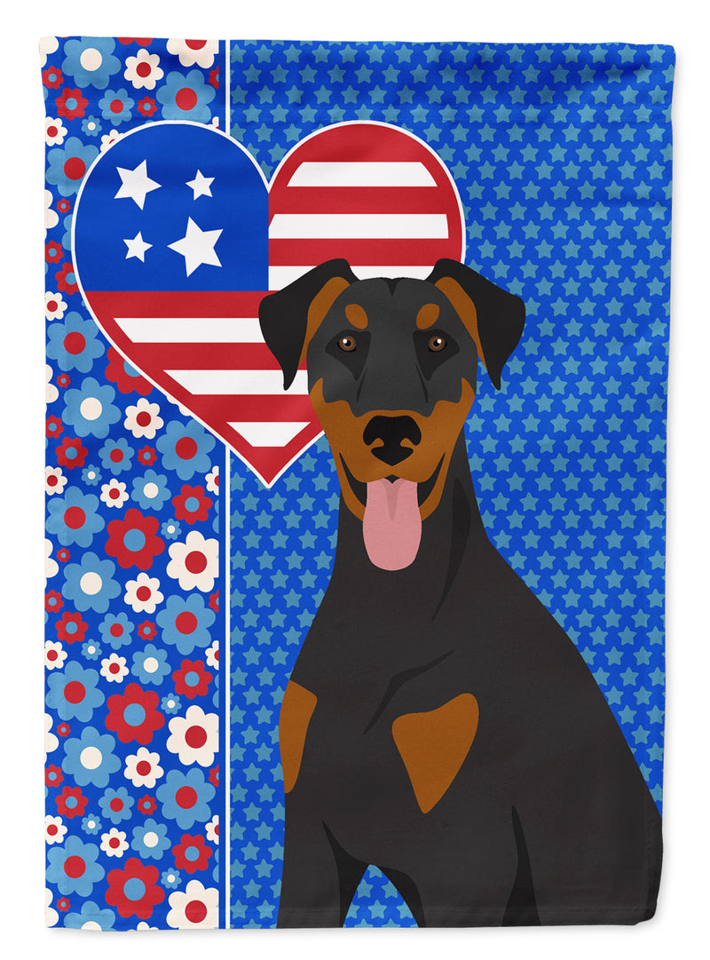 Natural Ear Black and Tan Doberman Pinscher Patriotic Heart Garden Flag – Red, White & Blue Dog Decor with Star Background
