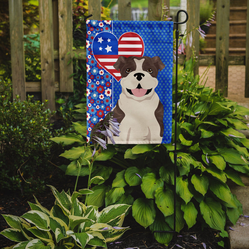 Brindle English Bulldog Patriotic Heart Garden Flag – Red, White & Blue Dog Decor with Star Background