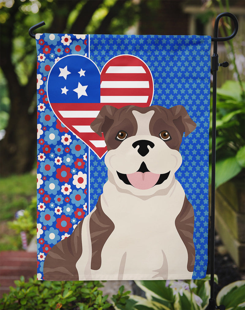 Brindle English Bulldog Patriotic Heart Garden Flag – Red, White & Blue Dog Decor with Star Background