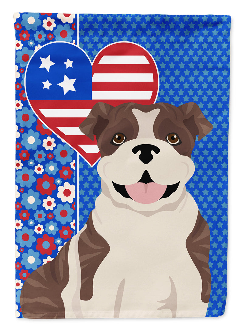 Brindle English Bulldog Patriotic Heart Garden Flag – Red, White & Blue Dog Decor with Star Background