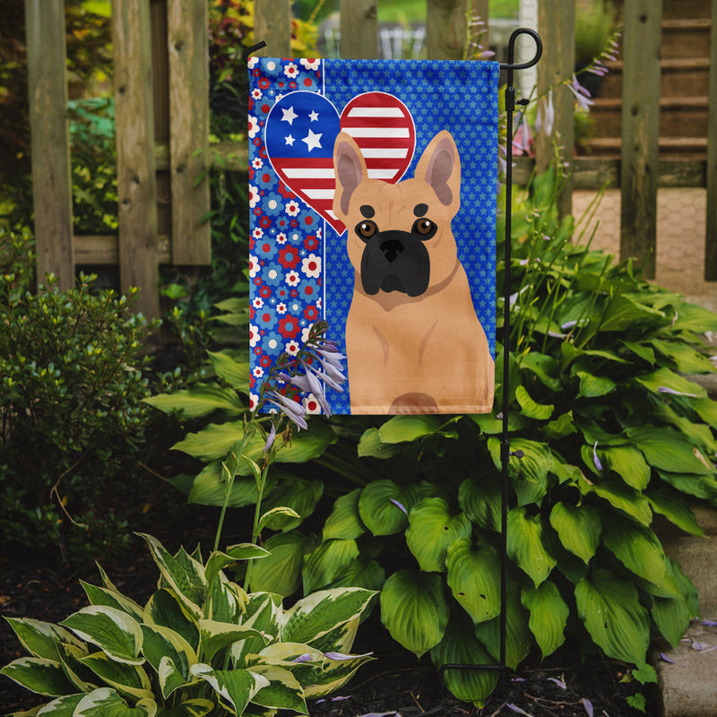 Fawn French Bulldog Patriotic Heart Garden Flag – Red, White & Blue Dog Decor with Star Background