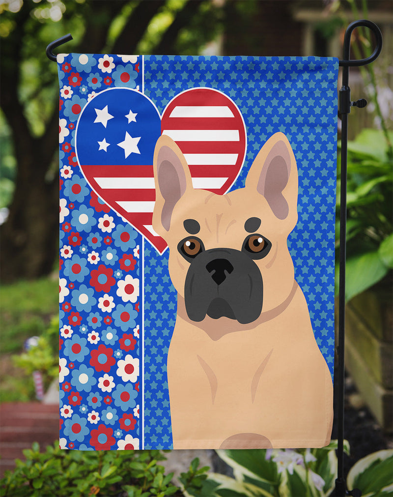 Fawn French Bulldog Patriotic Heart Garden Flag – Red, White & Blue Dog Decor with Star Background