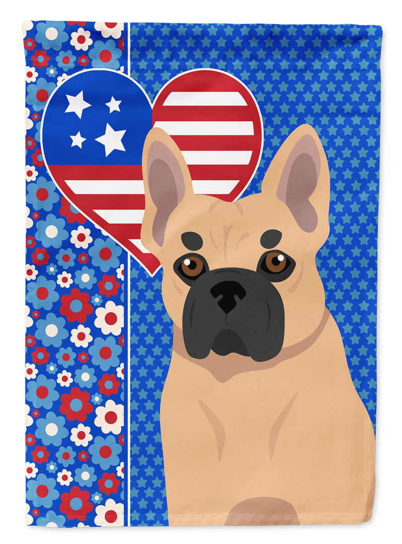 Fawn French Bulldog Patriotic Heart Garden Flag – Red, White & Blue Dog Decor with Star Background