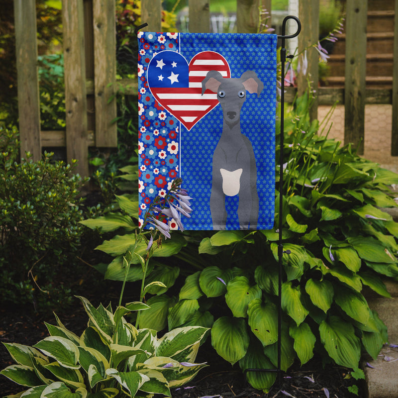 Gray Italian Greyhound Patriotic Heart Garden Flag – Red, White & Blue Dog Decor with Star Background