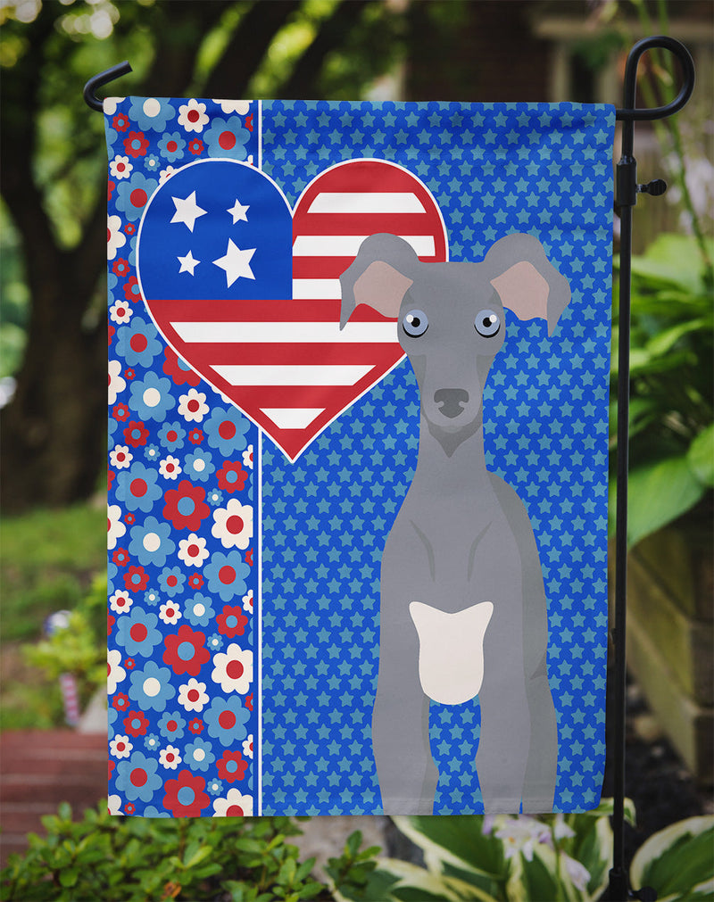 Gray Italian Greyhound Patriotic Heart Garden Flag – Red, White & Blue Dog Decor with Star Background