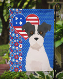 Black White Wirehair Jack Russell Terrier Patriotic Heart Garden Flag – Red, White & Blue Dog Decor with Star Background