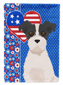 Black White Wirehair Jack Russell Terrier Patriotic Heart Garden Flag – Red, White & Blue Dog Decor with Star Background