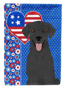Black Labrador Retriever Patriotic Heart Garden Flag – Red, White & Blue Dog Decor with Star Background