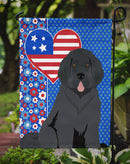 Black Newfoundland Patriotic Heart Garden Flag – Red, White & Blue Dog Decor with Star Background