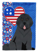 Black Newfoundland Patriotic Heart Garden Flag – Red, White & Blue Dog Decor with Star Background