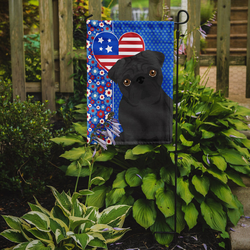 Black Pug Patriotic Heart Garden Flag – Red, White & Blue Dog Decor with Star Background