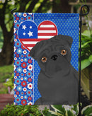 Black Pug Patriotic Heart Garden Flag – Red, White & Blue Dog Decor with Star Background