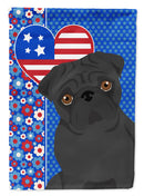 Black Pug Patriotic Heart Garden Flag – Red, White & Blue Dog Decor with Star Background