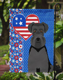 Black Natural Ears Schnauzer Patriotic Heart Garden Flag – Red, White & Blue Dog Decor with Star Background