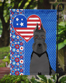 Black Schnauzer Patriotic Heart Garden Flag – Red, White & Blue Dog Decor with Star Background