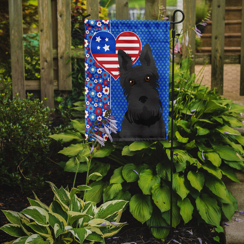 Black Scottish Terrier Patriotic Heart Garden Flag – Red, White & Blue Dog Decor with Star Background