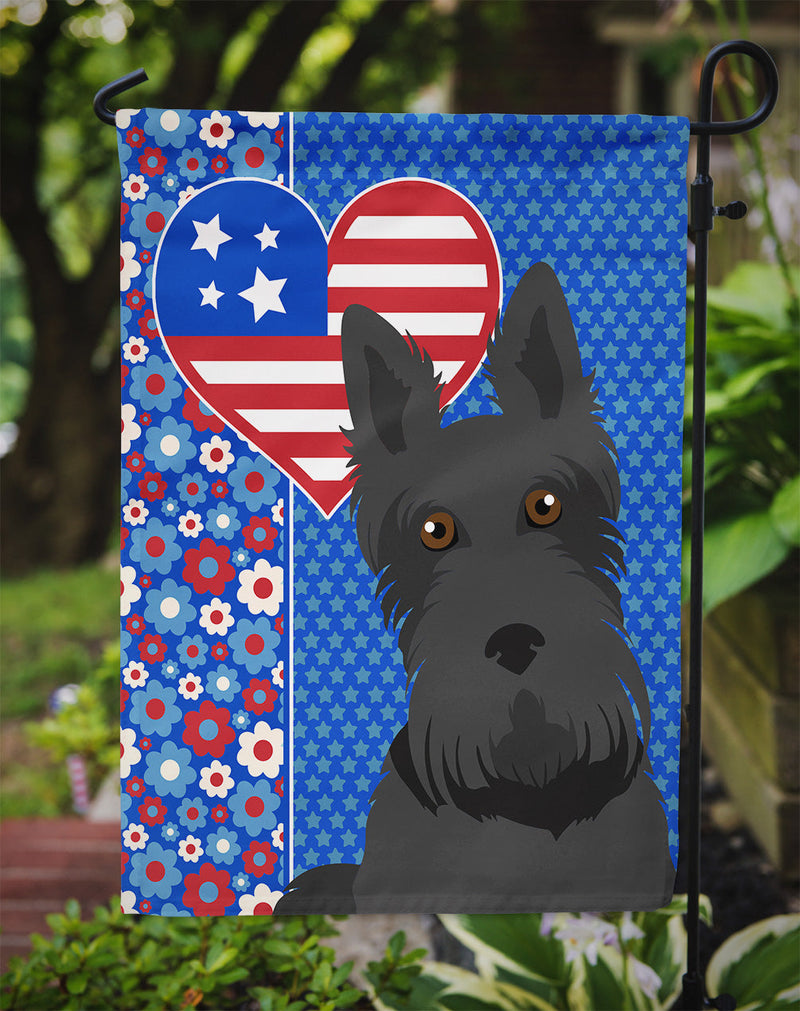 Black Scottish Terrier Patriotic Heart Garden Flag – Red, White & Blue Dog Decor with Star Background