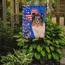 Blue Merle Sheltie Patriotic Heart Garden Flag – Red, White & Blue Dog Decor with Star Background