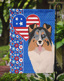 Blue Merle Sheltie Patriotic Heart Garden Flag – Red, White & Blue Dog Decor with Star Background