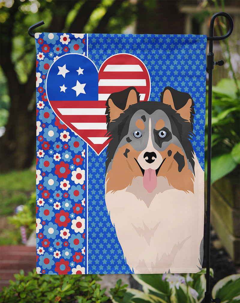 Blue Merle Sheltie Patriotic Heart Garden Flag – Red, White & Blue Dog Decor with Star Background