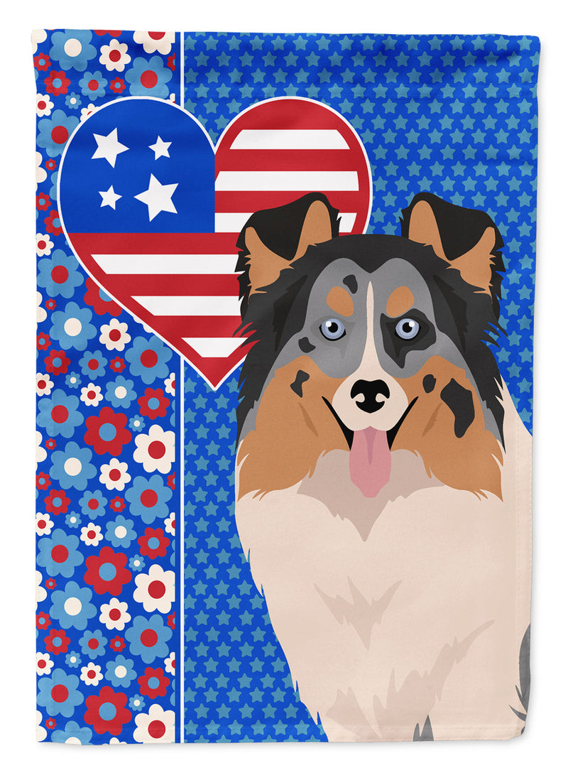 Blue Merle Sheltie Patriotic Heart Garden Flag – Red, White & Blue Dog Decor with Star Background