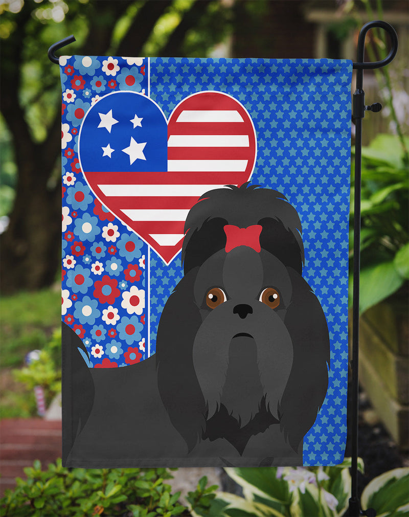 Black Shih Tzu Patriotic Heart Garden Flag – Red, White & Blue Dog Decor with Star Background