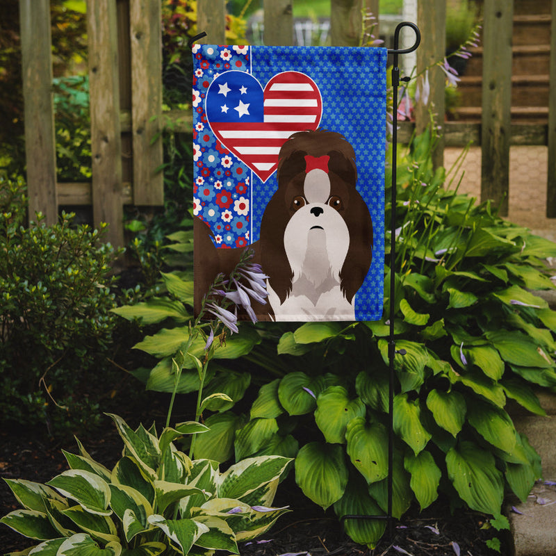 Liver and White Shih Tzu Patriotic Heart Garden Flag – Red, White & Blue Dog Decor with Star Background