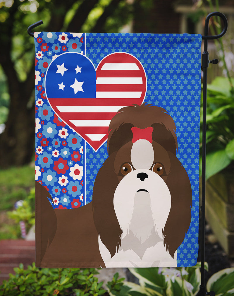 Liver and White Shih Tzu Patriotic Heart Garden Flag – Red, White & Blue Dog Decor with Star Background