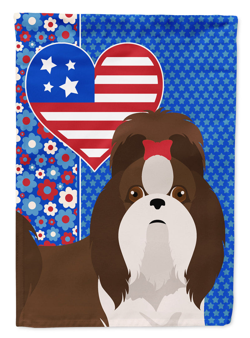 Liver and White Shih Tzu Patriotic Heart Garden Flag – Red, White & Blue Dog Decor with Star Background
