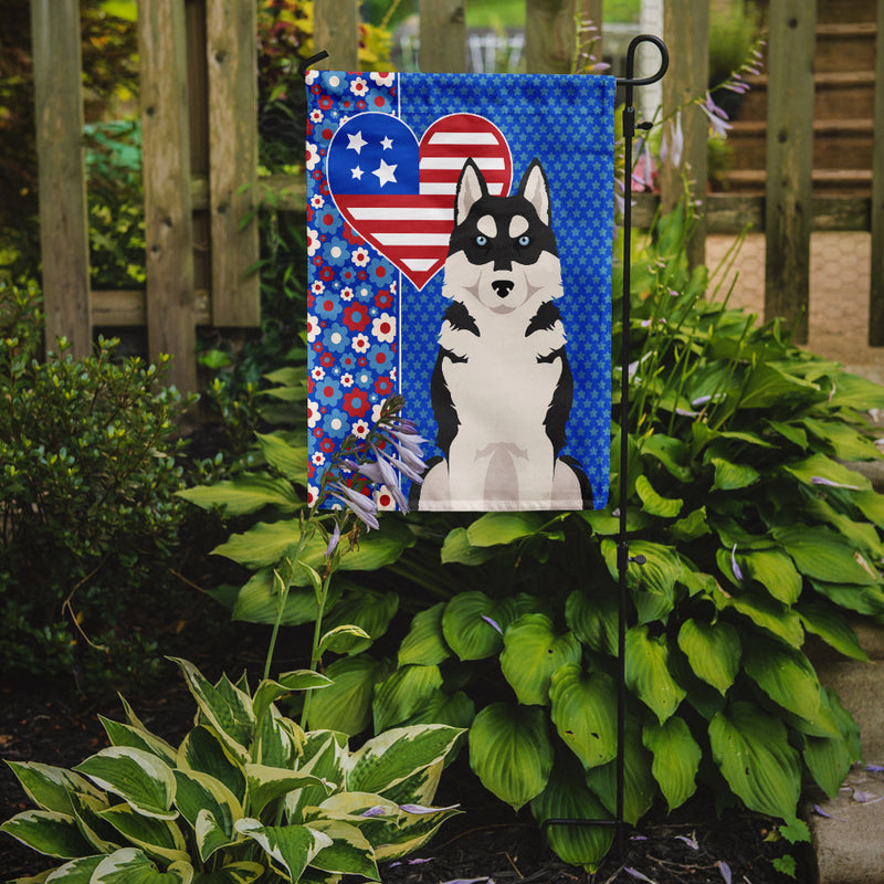 Black Siberian Husky Patriotic Heart Garden Flag – Red, White & Blue Dog Decor with Star Background