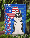 Black Siberian Husky Patriotic Heart Garden Flag – Red, White & Blue Dog Decor with Star Background