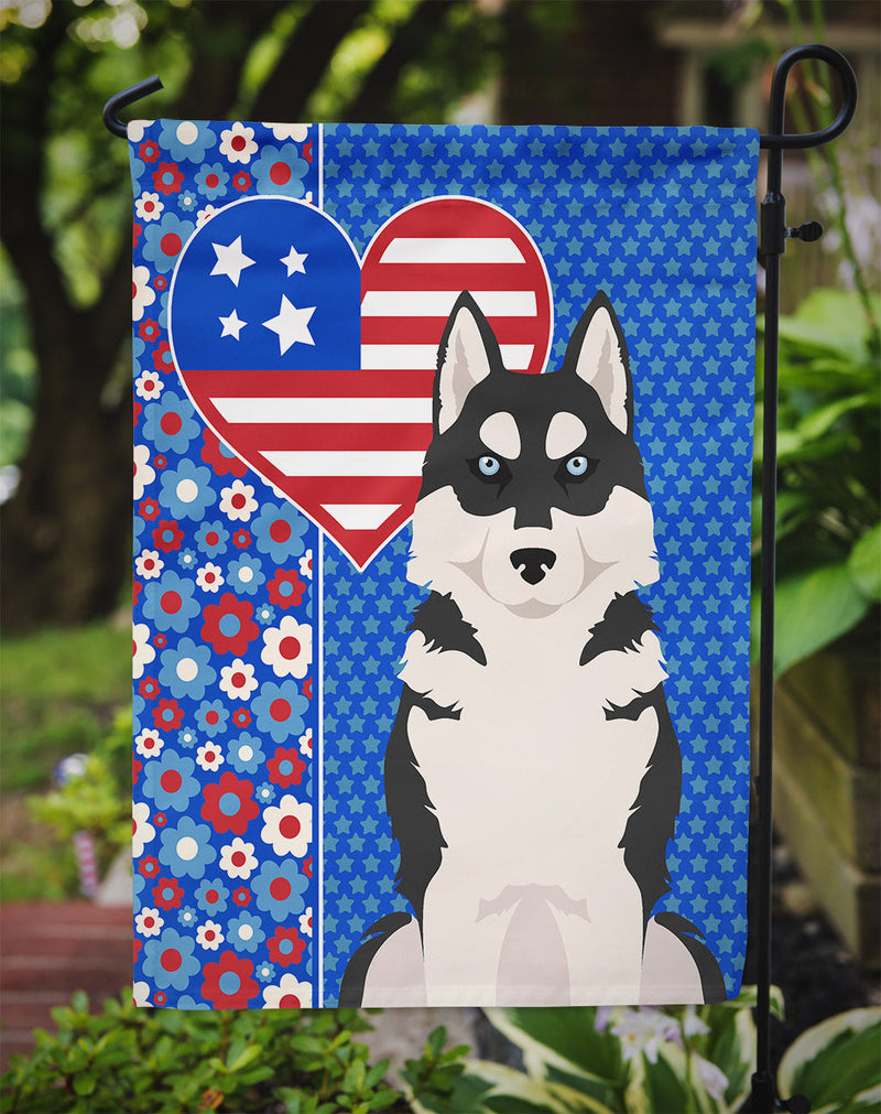 Black Siberian Husky Patriotic Heart Garden Flag – Red, White & Blue Dog Decor with Star Background