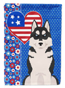 Black Siberian Husky Patriotic Heart Garden Flag – Red, White & Blue Dog Decor with Star Background