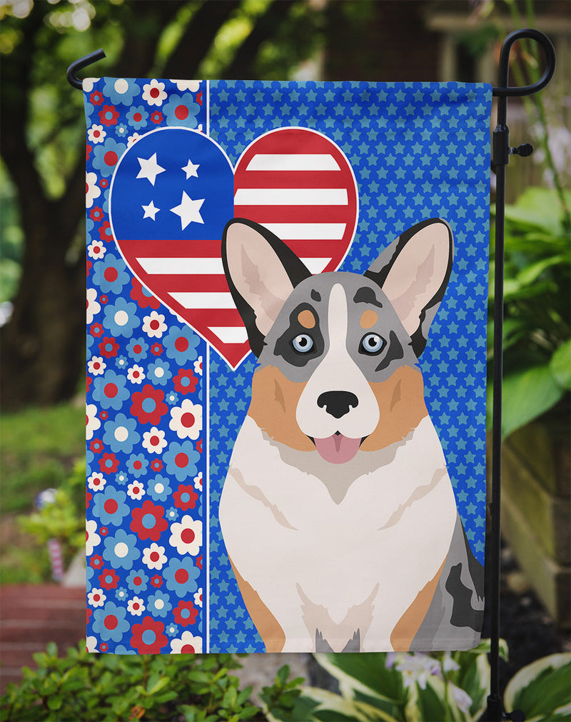 Blue Merle Cardigan Corgi Patriotic Heart Garden Flag – Red, White & Blue Dog Decor with Star Background