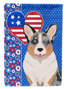Blue Merle Cardigan Corgi Patriotic Heart Garden Flag – Red, White & Blue Dog Decor with Star Background